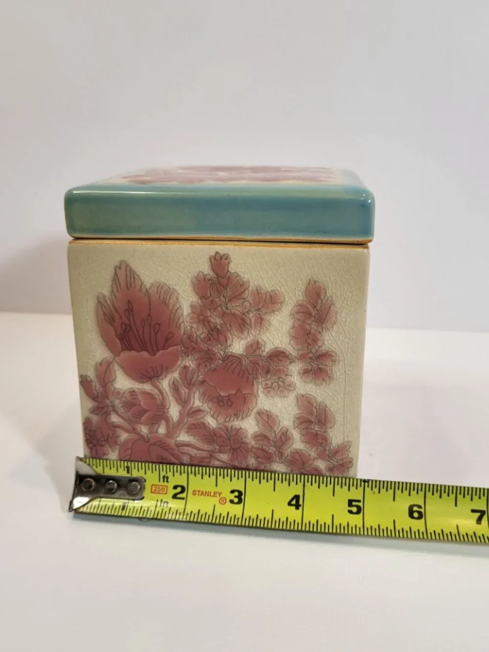Vintage Pier 1‎ Imports Fiona Canister: Pink Floral Crackle Glaze Ceramic Jar